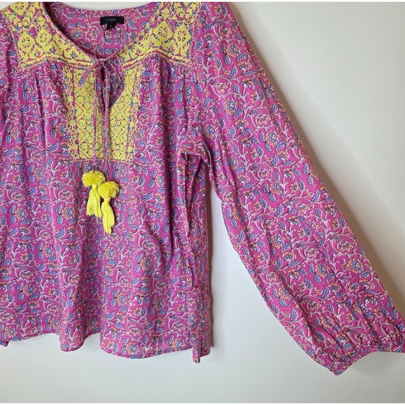J Crew Peasant Top Sz XL Pink Embroidered Paisley Boho Hippie Festival Blouse - Picture 3 of 13